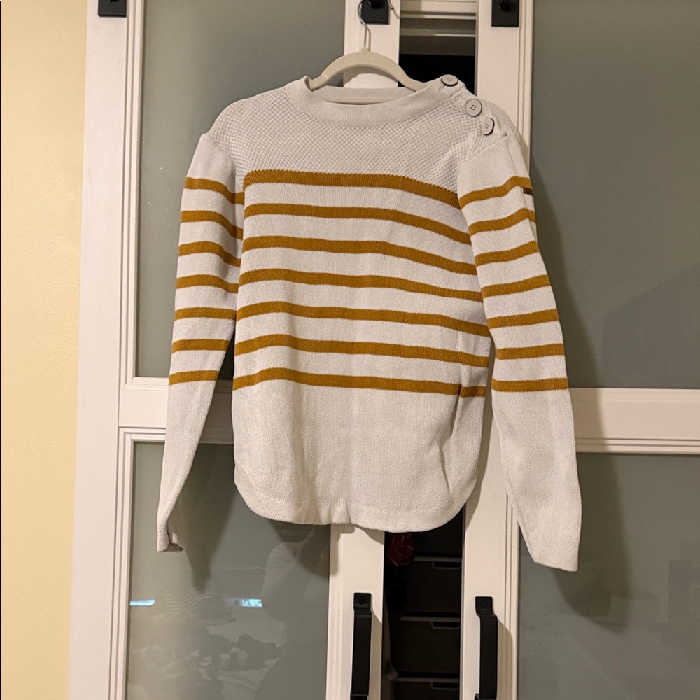 Button-Shoulder Striped Crewneck Sweater in White & Mustard
